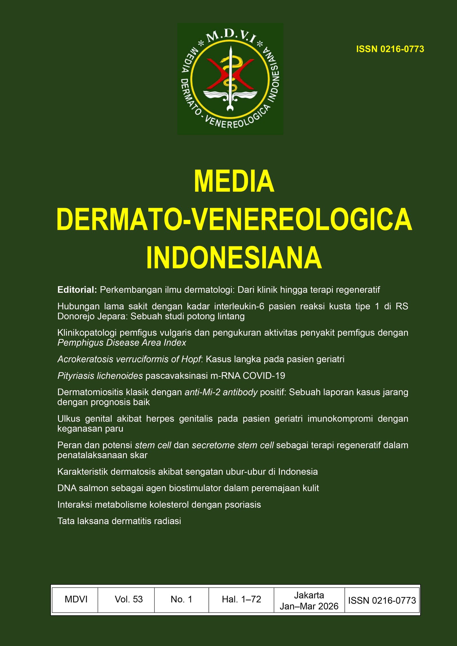 					View Vol. 53 No. 1 (2026): Media Dermato Venereologica Indonesiana
				